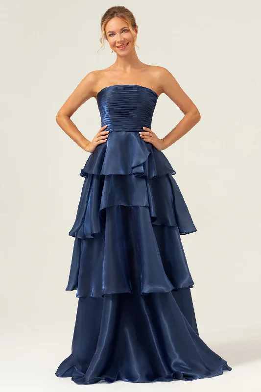 Dark Navy A Line Strapless Tiered Satin Long Prom Dress