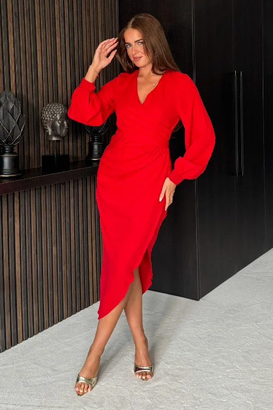 Elsa Long Sleeve Wrap Asymmetric Red