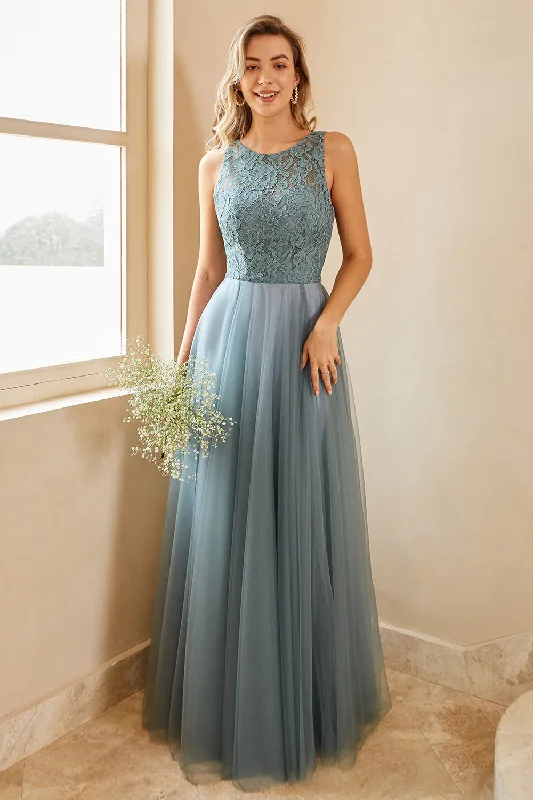 Grey Blue Tulle Bridesmaid Dress with Lace