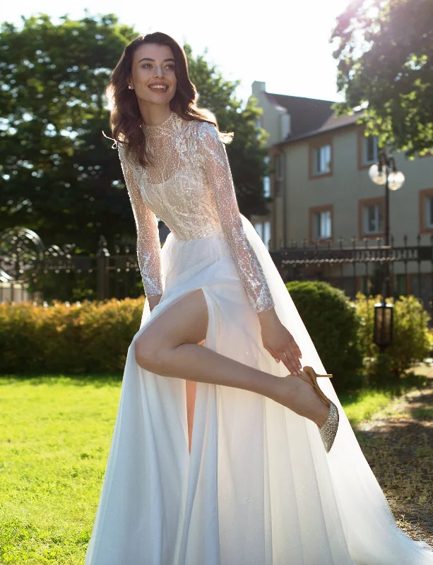 High Neck  Long Sheer Sleeves Glitter A-Line Wedding Dress