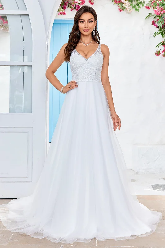 Ivory V-Neck Tulle Sweep Train A Line Wedding Dress with Lace