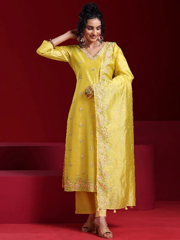 Libas Art Yellow Embroidered Chanderi Silk Straight Suit With Dupatta