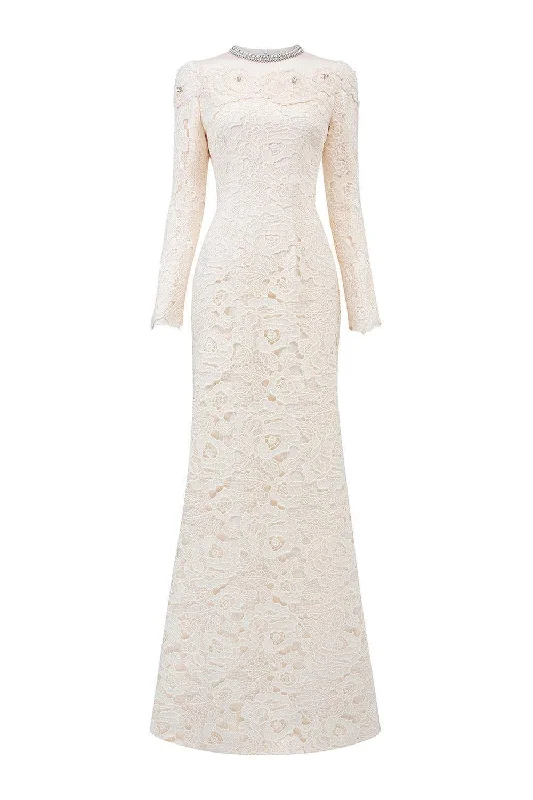 Monroe A-line Round Neck Silk Lace Floor Length Dress