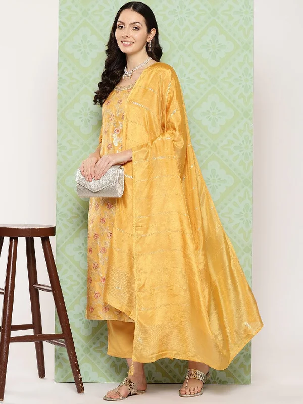 Mustard Woven Design Silk Blend Straight Suit With Dupatta