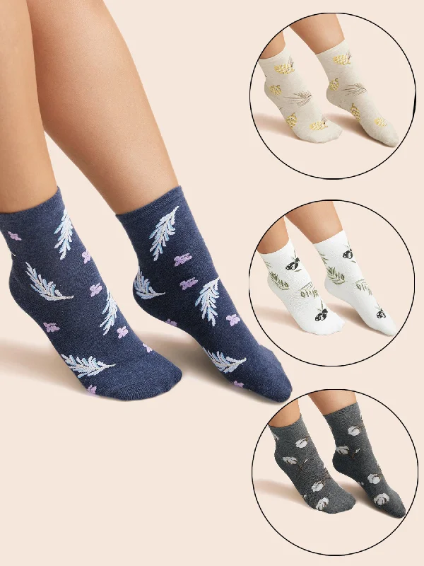 Plants Printed Three Pair Socks