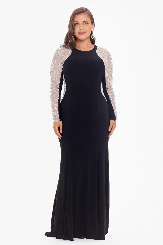 Plus "Georgia" Long Sleeve Caviar Beaded Sleeve Jersey Knit Dress