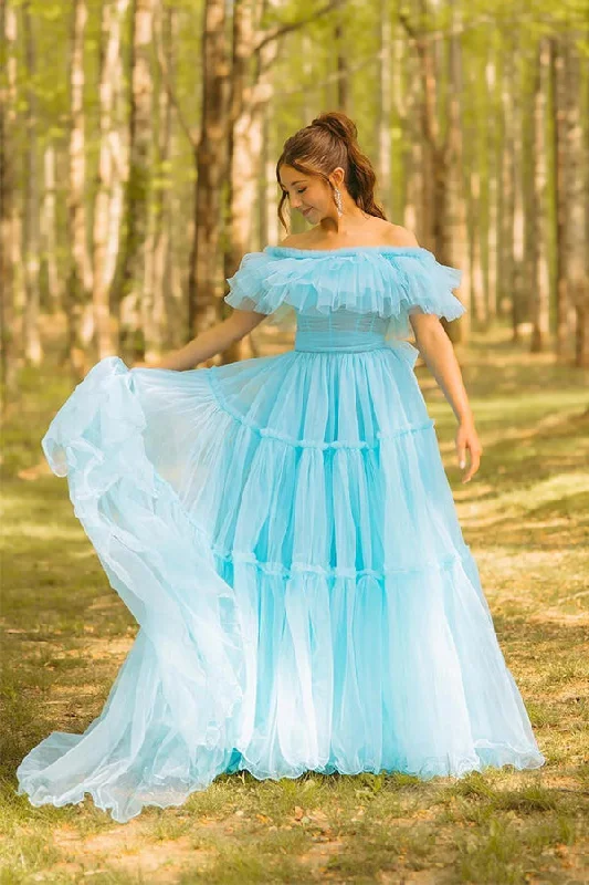 Ruffles Off the Shoulder Corset A-line Blue Prom Dress PSK570