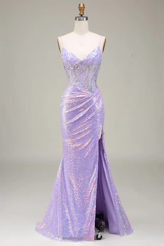 Sparkly Mermaid LighT Purple Corset Prom Dress with Slit