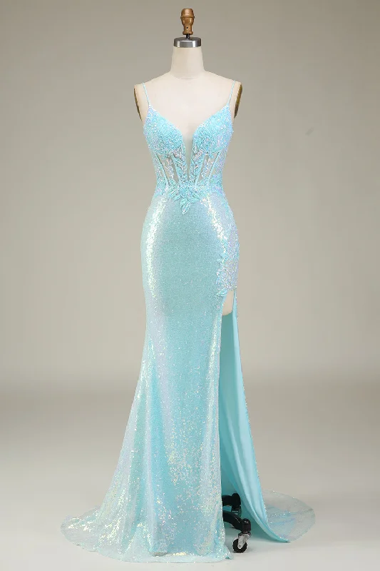 Light Blue Sparkly Mermaid Sequin Prom Dress with Slit