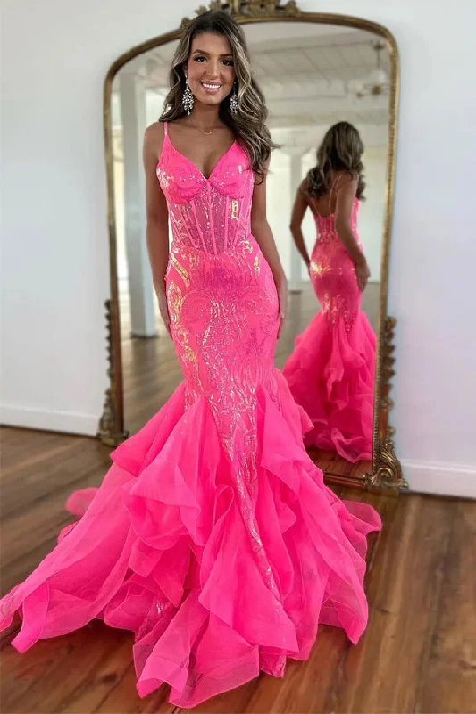 Sparkly Mermaid Spaghetti Straps Hot Pink Prom Dress PSK568