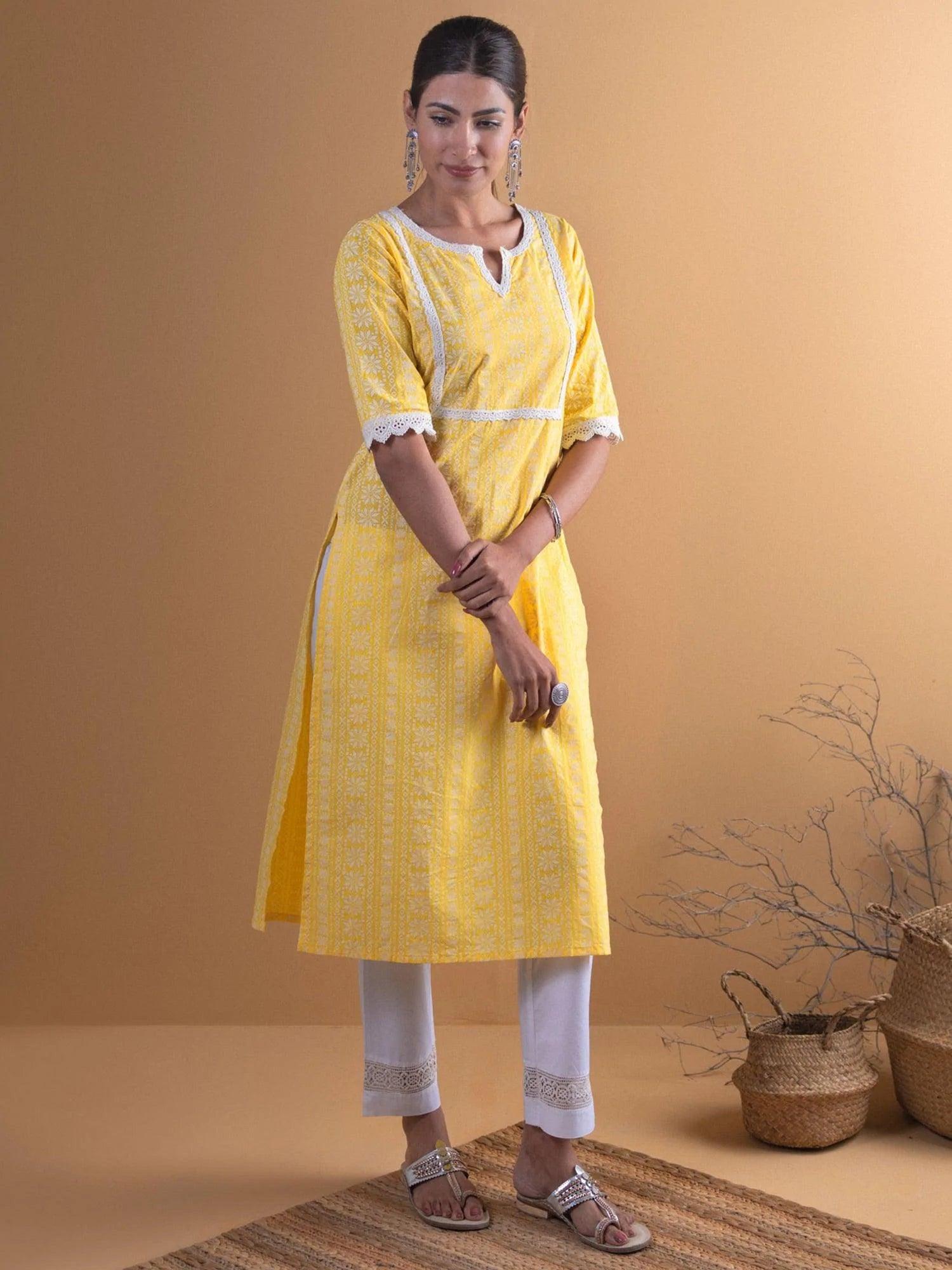 Yellow Printed Cotton Kurta