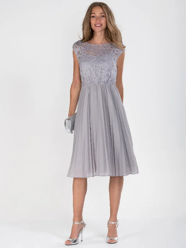 Cindy Lace Bodice Pleated Dress, Silver Grey