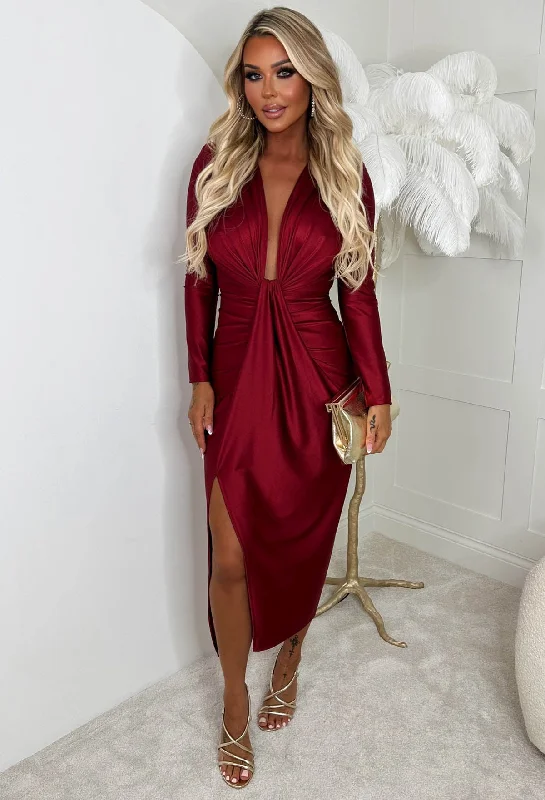 Cocktail Chic Red Stretch Long Sleeve Plunge Ruched Midi Dress