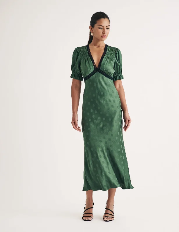 Green jacquard Polka Dot Angela Midi Dress