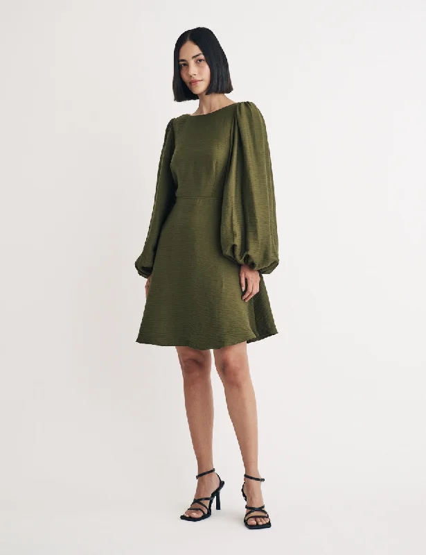 Khaki Linen-blend Balloon Sleeve Zola Mini Dress