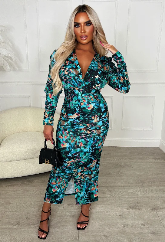 Love You 100% Green Long Sleeve Stretch Floral Ruched Midi Dress