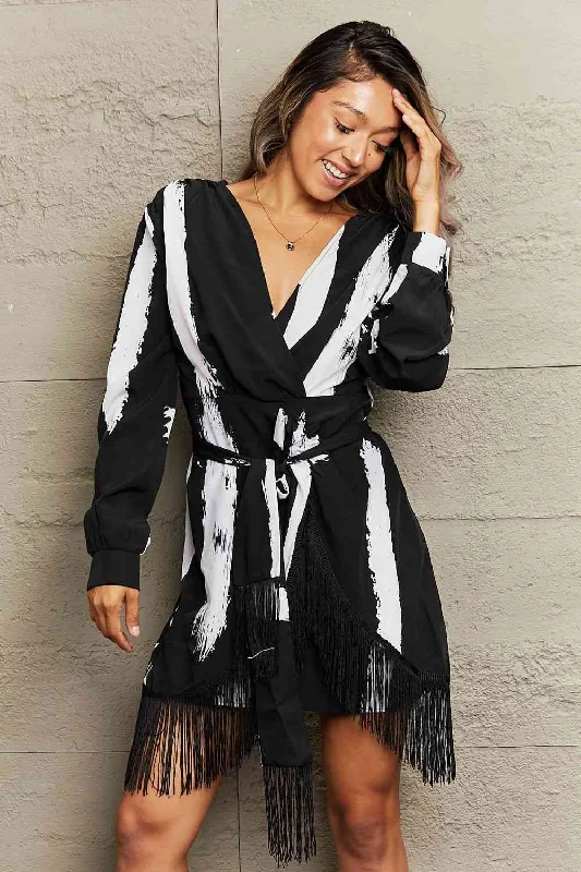 Printed Fringe Detail Surplice Neck Mini Dress