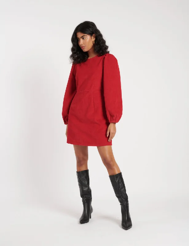 Red Cord Balloon Sleeve Patras Mini Dress