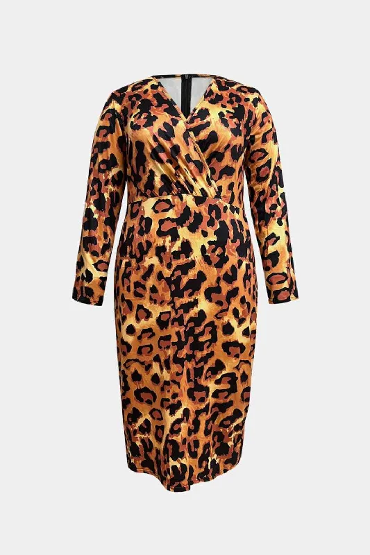 Surplice Neck Leopard Long Sleeve Dress